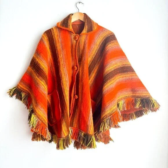 Vintage Wool Bright Orange Brown Striped Poncho w Patch Pockets OS - Picture 1 of 9